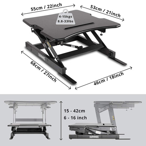 Duronic Sit-Stand Desk showing dimensions, weight capacity, and height range for Shopify.