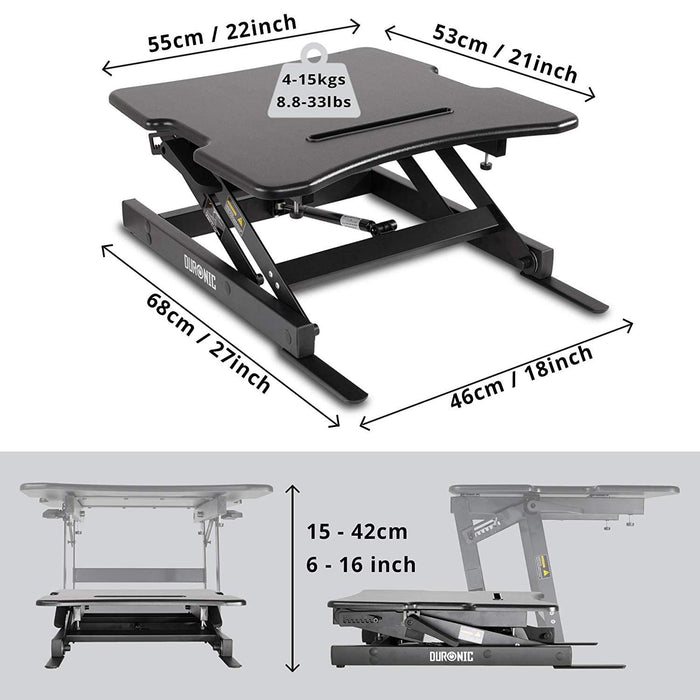Duronic Sit-Stand Desk showing dimensions, weight capacity, and height range for Shopify.