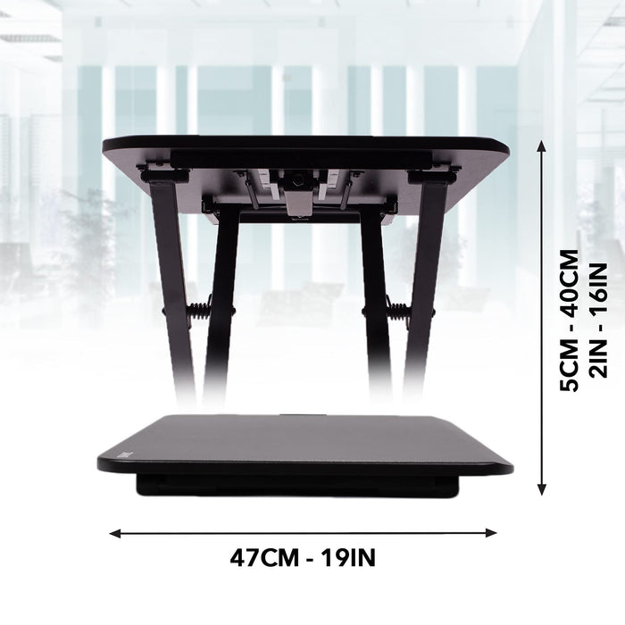 Duronic Sit-Stand Desk showing minimum 5cm height, maximum 40cm height, and 47cm width.