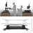 Duronic Sit-Stand Desk showing sitting and standing positions with a vertical height adjustment arrow.