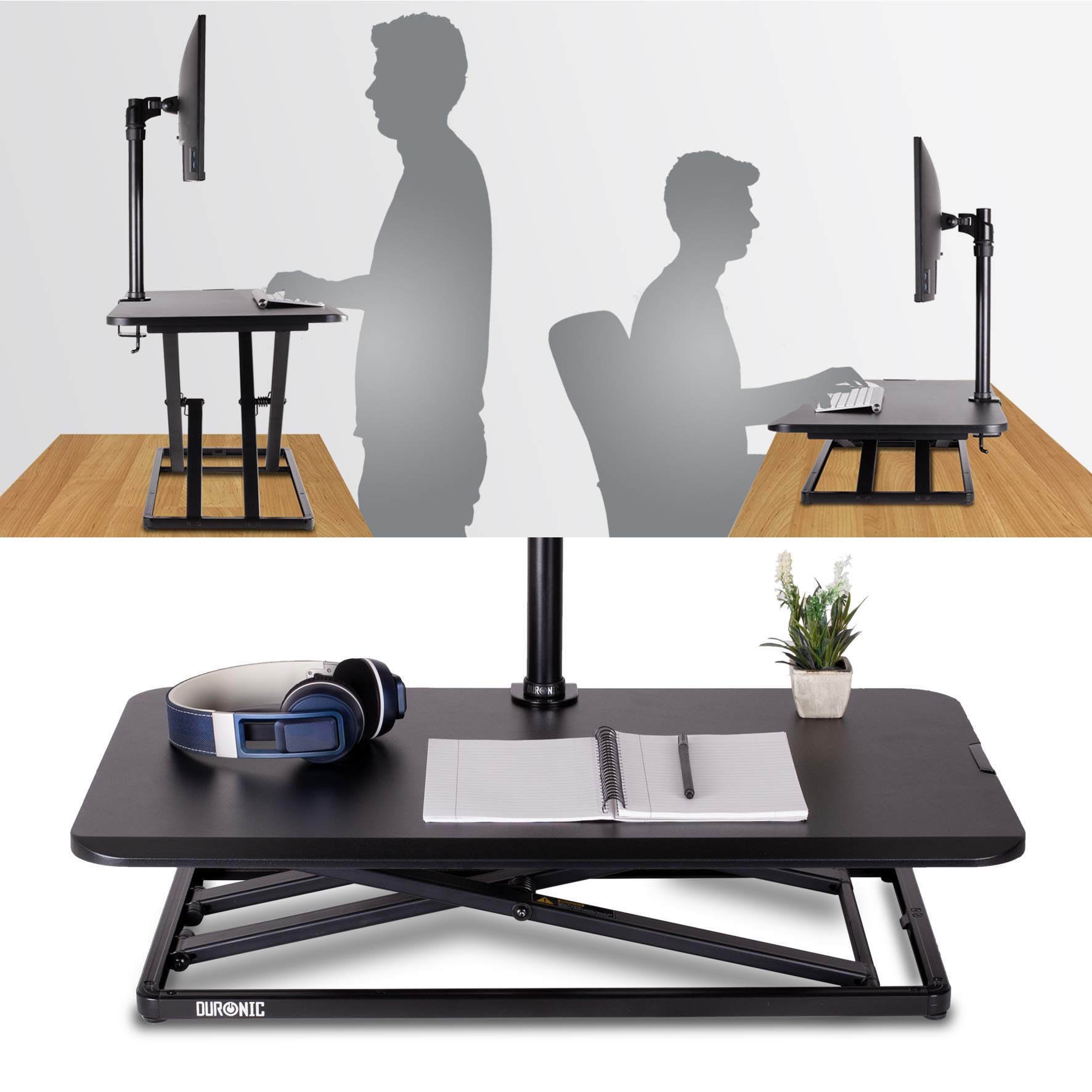 Duronic Sit-Stand Desk shown in use both sitting and standing positions.