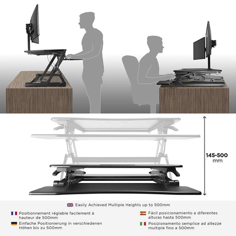 Duronic Sit-Stand Desk standing desk converter showing sitting and standing positions with height range up to 500mm.