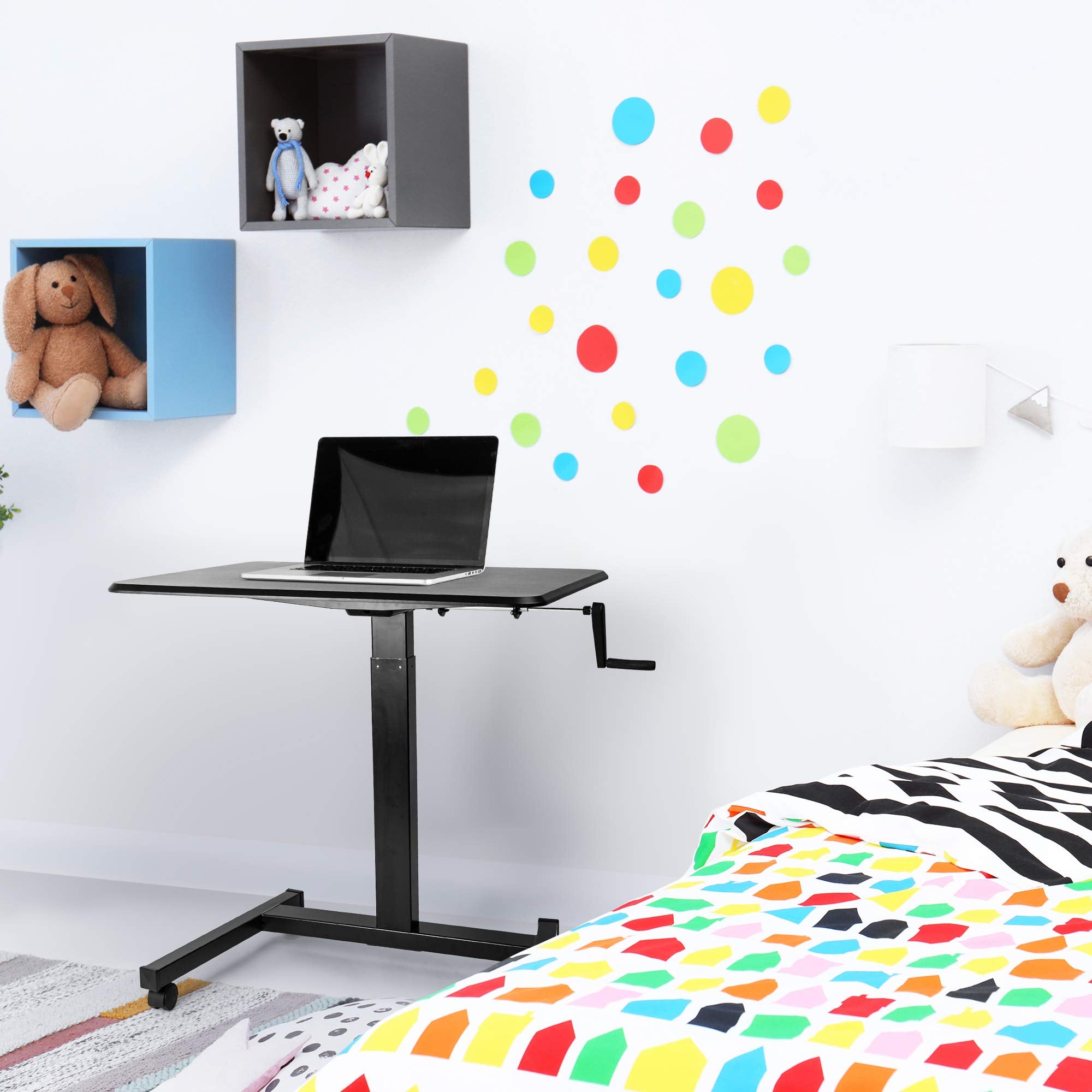 Duronic Sit-Stand Desk with crank handle in a colorful, modern child's bedroom setting.