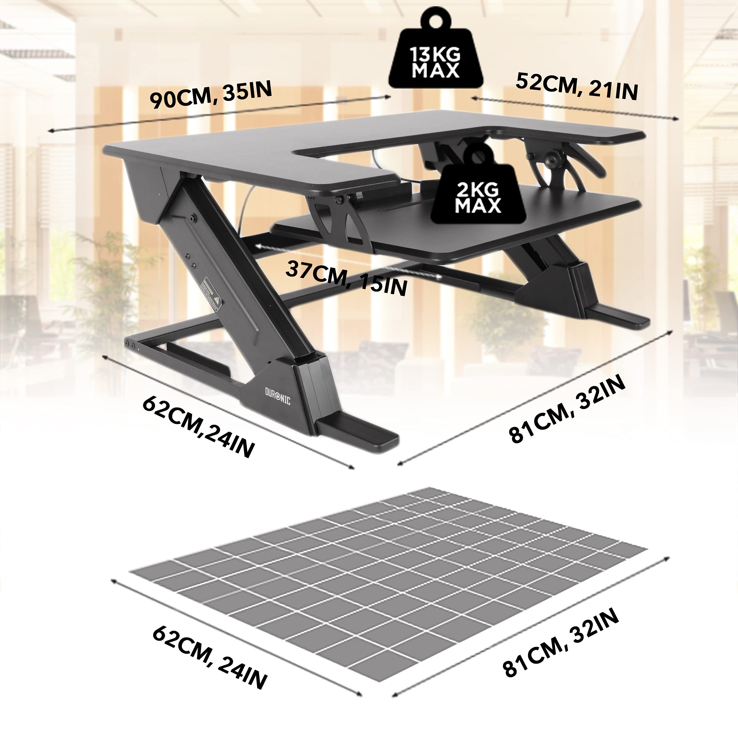 Duronic Sit-Stand Desk with dimensions, weight limits, and required base footprint for online shopping.