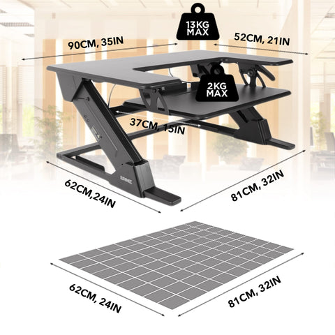 Duronic Sit-Stand Desk with dimensions, weight limits, and required base footprint for online shopping.