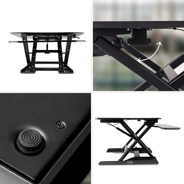 Duronic Sit-Stand Desk with dual tiers, scissor-lift frame, and rubberized non-slip feet.