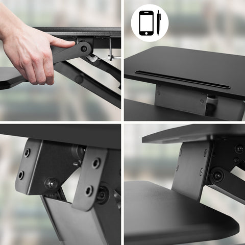 Duronic Sit-Stand Desk with four-panel collage showcasing a black height-adjustable standing desk converter