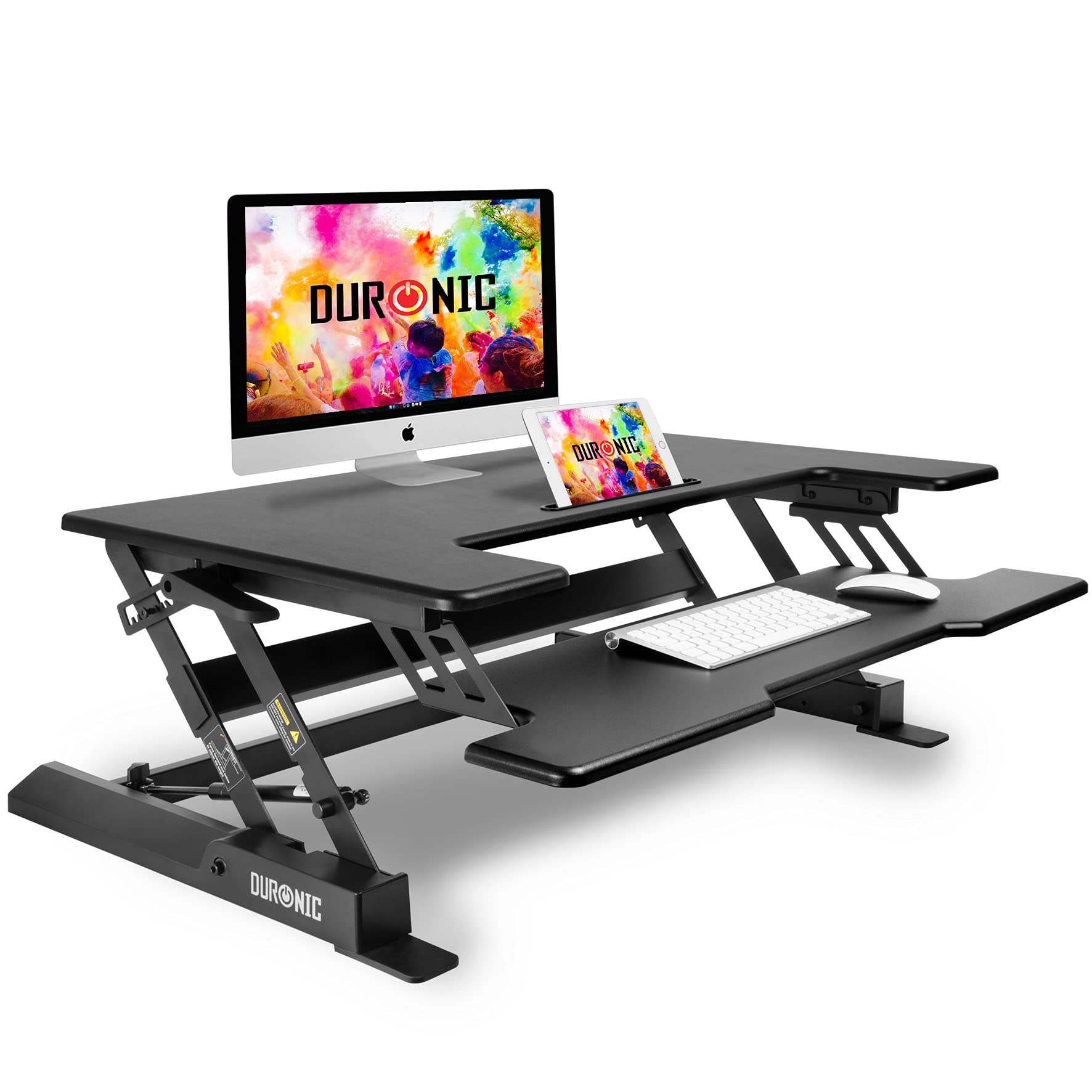 Duronic Sit-Stand Desk with two tiers holding a computer, keyboard, and tablet.
