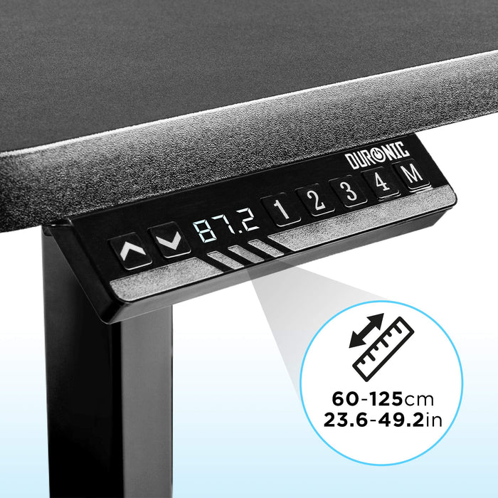 Duronic Sit Stand Desk Frame displaying 87.2 cm height with measurement range overlay.