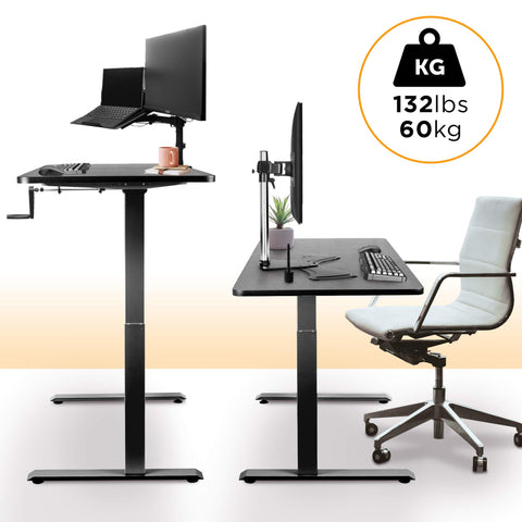 Duronic Sit Stand Desk Frame in sitting and standing configurations, with a 60kg weight capacity.