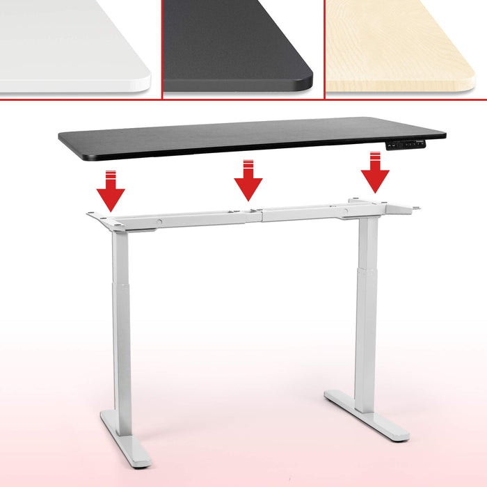 Duronic Sit Stand Desk Frame showing a customizable standing desk tabletop being mounted onto an adjustable white frame.