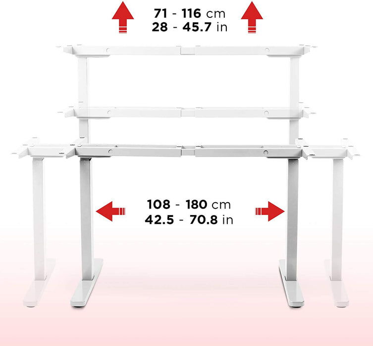 Duronic Sit Stand Desk Frame showing custom height (28-45.7 inches) and width (42.5-70.8 inches) ranges.