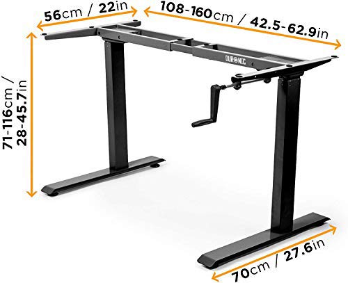 Duronic Sit Stand Desk Frame showing key dimensions in centimeters and inches for Shopify.