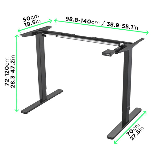 Duronic Sit Stand Desk Frame showing minimum and maximum dimensions for height, width, and depth.