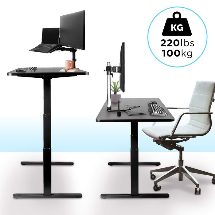Duronic Sit Stand Desk Frame shown in both sitting and standing positions with a 220lbs weight capacity.