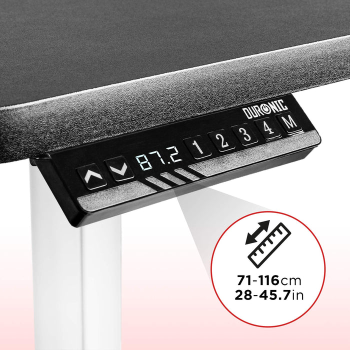 Duronic Sit Stand Desk Frame with 71-116cm range overlay.