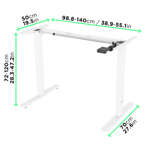 Duronic Sit Stand Desk Frame with dimensions showing height, width, and depth in centimeters.