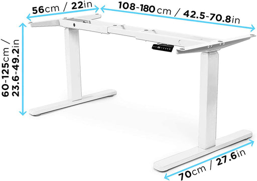 Duronic Sit Stand Desk Frame with dimensions showing height, width, and depth in centimeters and inches.