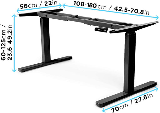 Duronic Sit Stand Desk Frame with dual motors, showing customizable height, width, and depth dimensions.