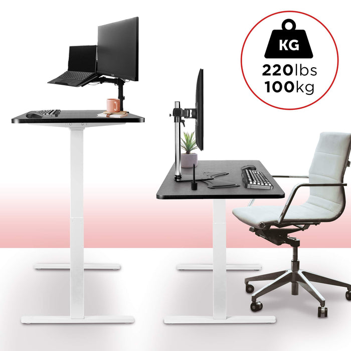 Duronic Sit Stand Desk Frame with office chair and dual monitors.