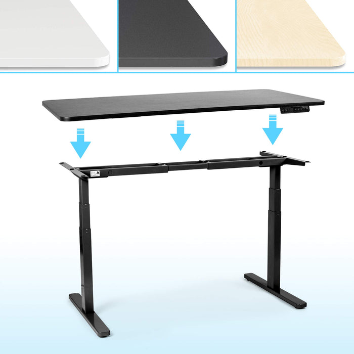 Duronic Sit Stand Desk Frame with three color desktop options.