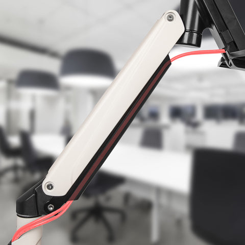 Duronic Sit Stand Desk Mount with integrated cable management slot holding a bright red cord.