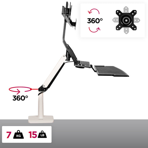 Duronic Sit Stand Desk Mount with monitor bracket, keyboard tray, and 360-degree rotation graphics.
