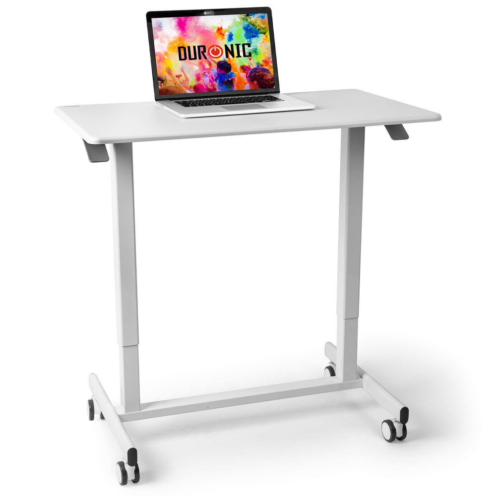 Duronic Sit Stand Desk Top with wheels and a laptop on the tabletop.