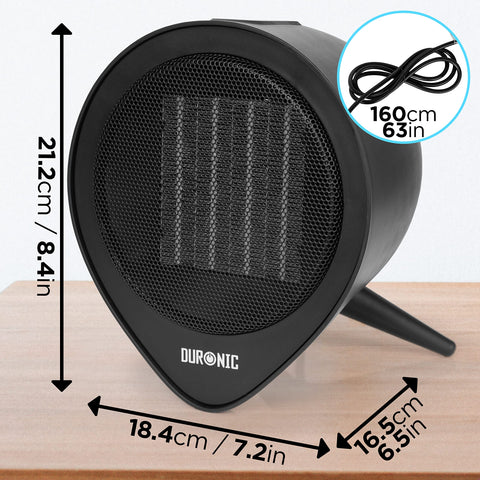 Duronic Small Ceramic Fan Heater with dimensions 21.2cm height and 160cm power cord on wooden surface.
