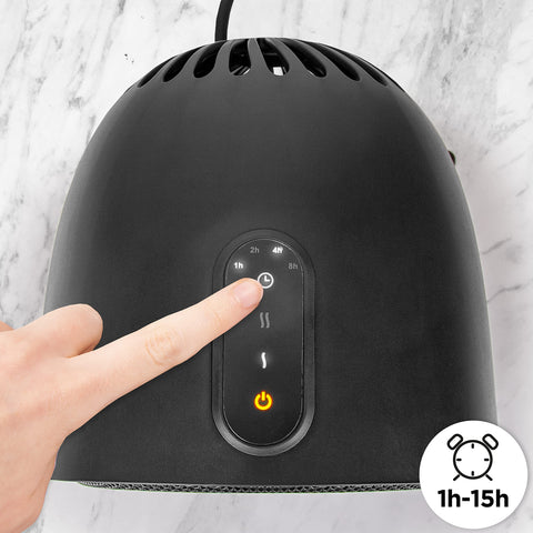 Duronic Small Ceramic Fan Heater  with touch controls showing timer settings of 1h, 2h, 4h, 8h.