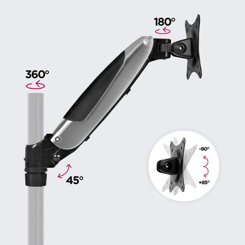 Duronic Spare Arm Set with a brushed metal finish featuring a 360° swivel base, 45° vertical tilt, 180° screen rotation, and a tilt range from -90° to +85°.