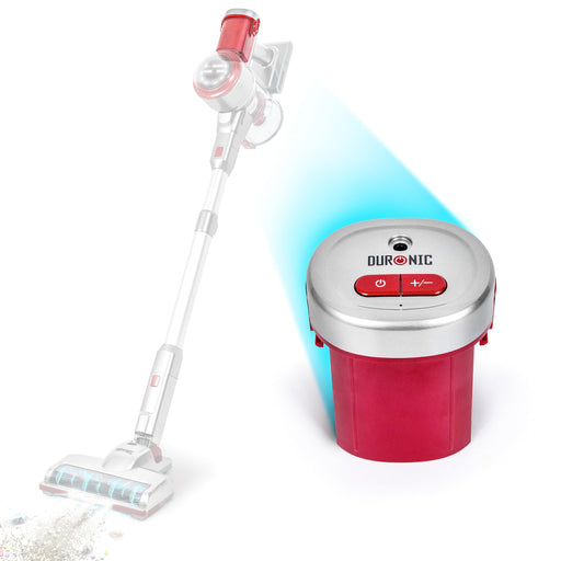 Duronic Spare Battery  featuring power and speed control buttons, shown alongside a compatible cordless stick vacuum cleaner.