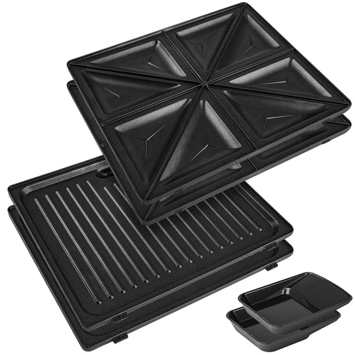 Duronic Spare Plates with sets of black non-stick interchangeable plates for a sandwich maker, grill, and waffle iron.