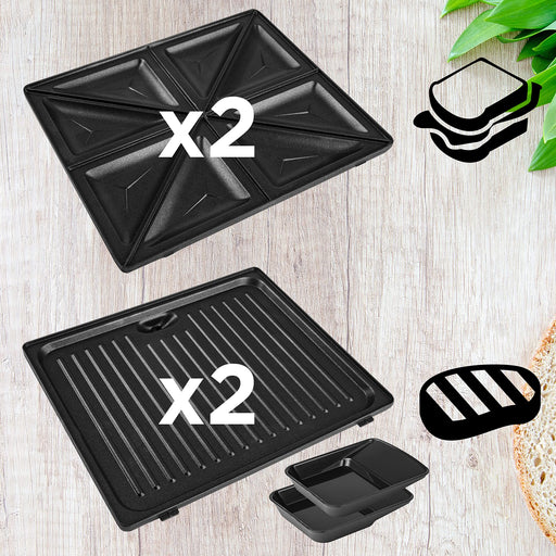 Duronic Spare Plates with two sets of non-stick sandwich and grill plates with drip trays for a multi-function toaster.