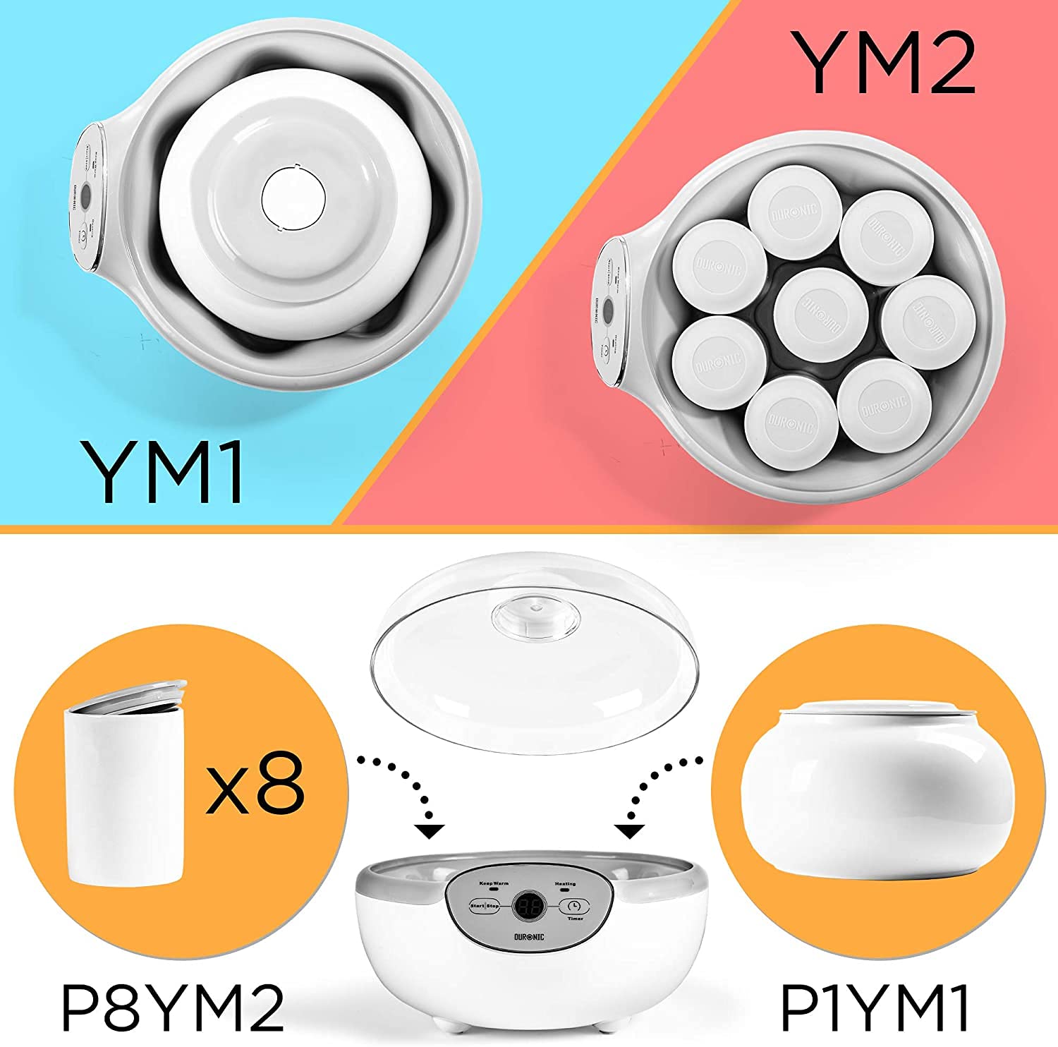 Duronic Spare Small Yoghurt Pots showing two configurations: eight small jars or one large ceramic pot.