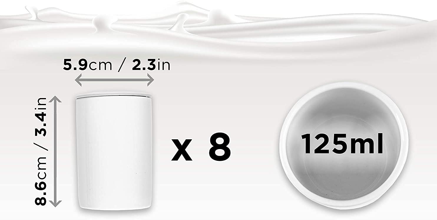Duronic Spare Small Yoghurt Pots with 125ml capacity, 8.6cm height, and 5.9cm diameter.
