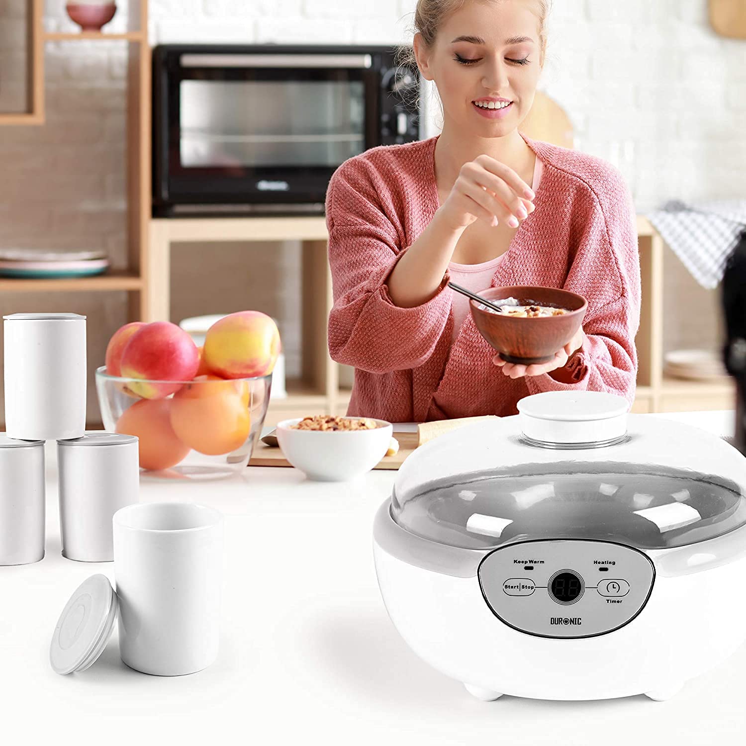 Duronic Spare Small Yoghurt Pots with white Duronic yogurt maker on a kitchen counter