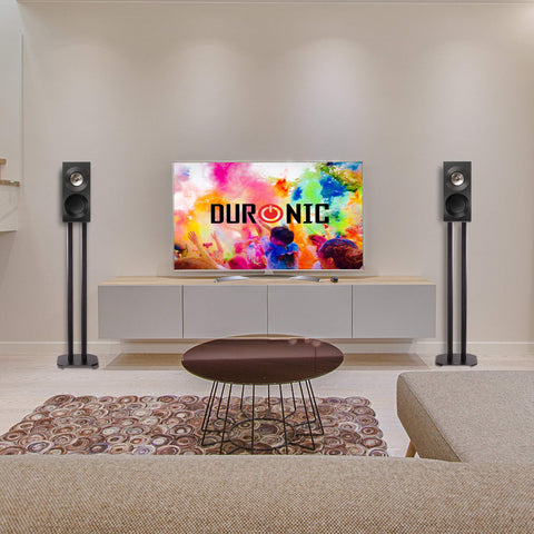 Duronic  Speaker Stand featuring a TV on a cabinet, flanked by two black speaker stands.
