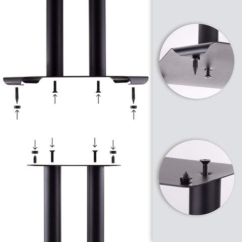 Duronic  Speaker Stand showing how to attach flat-head screws and pointed carpet spikes to speaker stand plates.