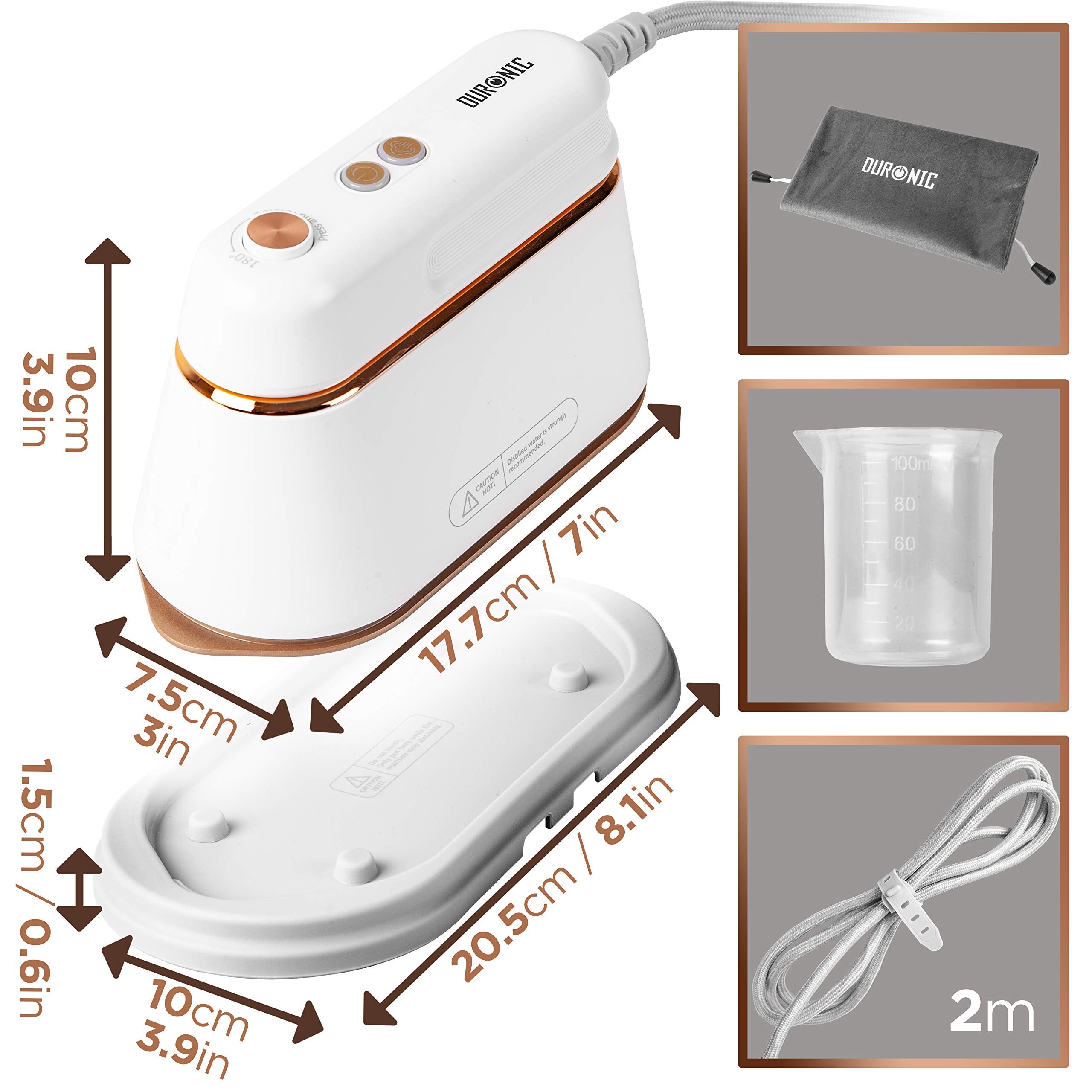 Duronic Steam Irons dimensions and accessories: storage bag, measuring cup, and 2m power cord.