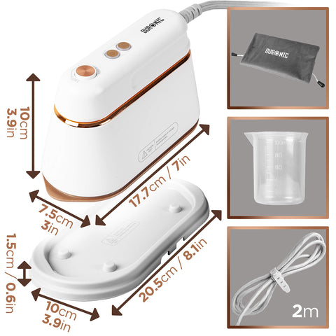 Duronic Steam Irons dimensions and accessories: storage bag, measuring cup, and 2m power cord.