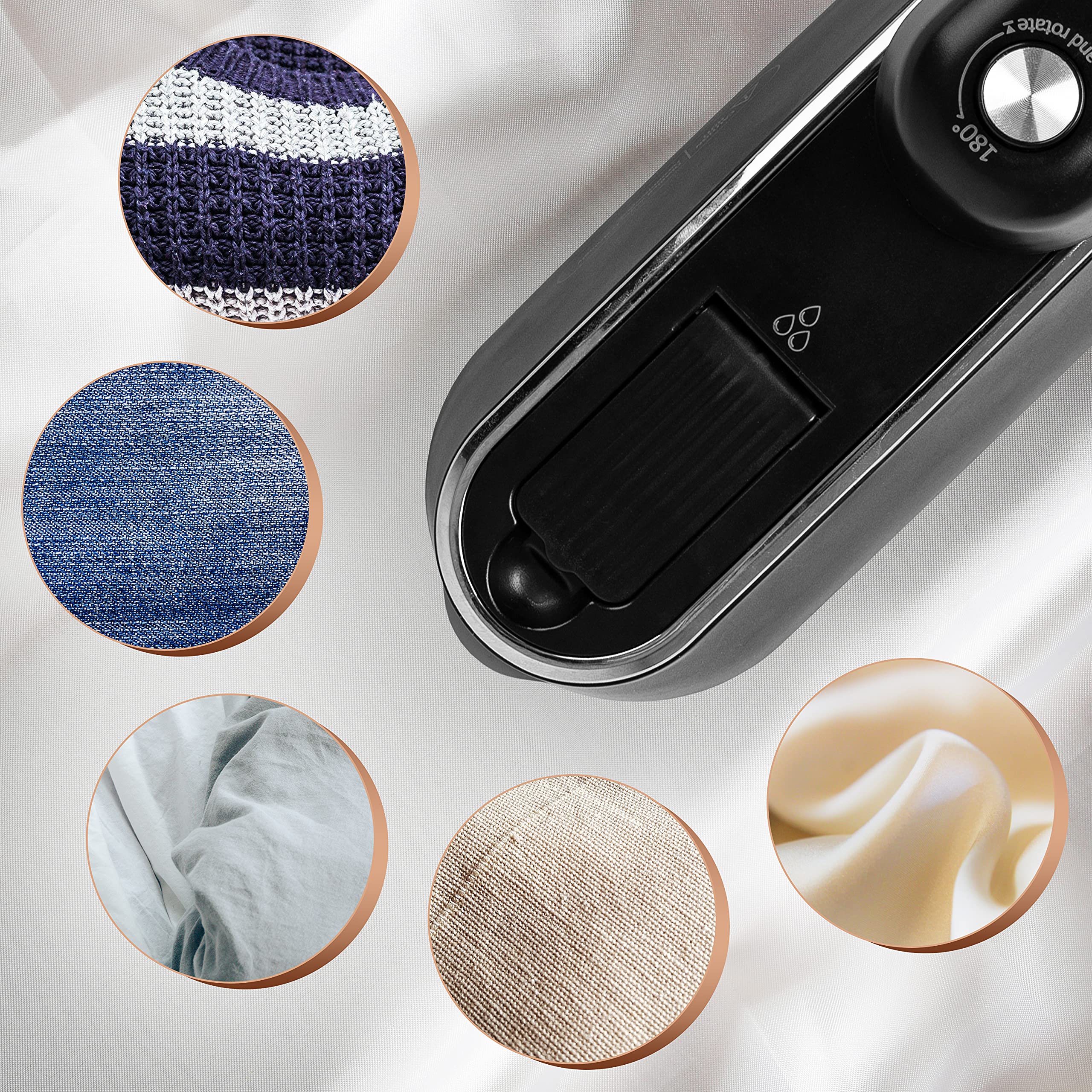 Duronic Steam Irons featuring various fabric swatches including wool, denim, linen, silk, and cotton textures.