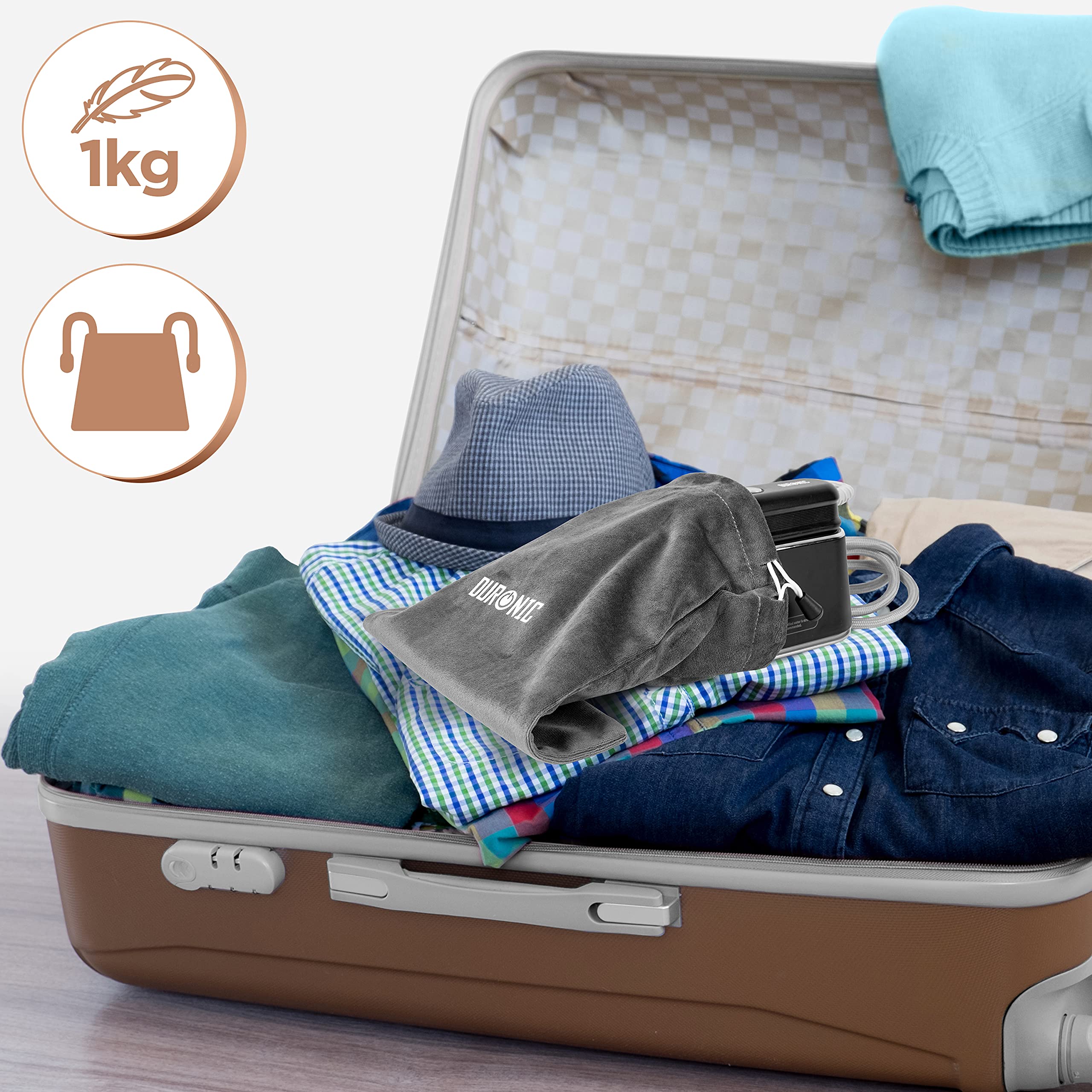 Duronic Steam Irons in a grey velvet pouch packed inside an open brown suitcase.