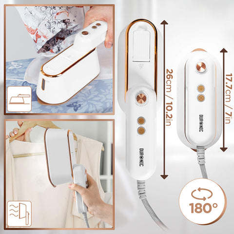 Duronic Steam Irons showing 180-degree rotating handle for vertical and horizontal steaming.