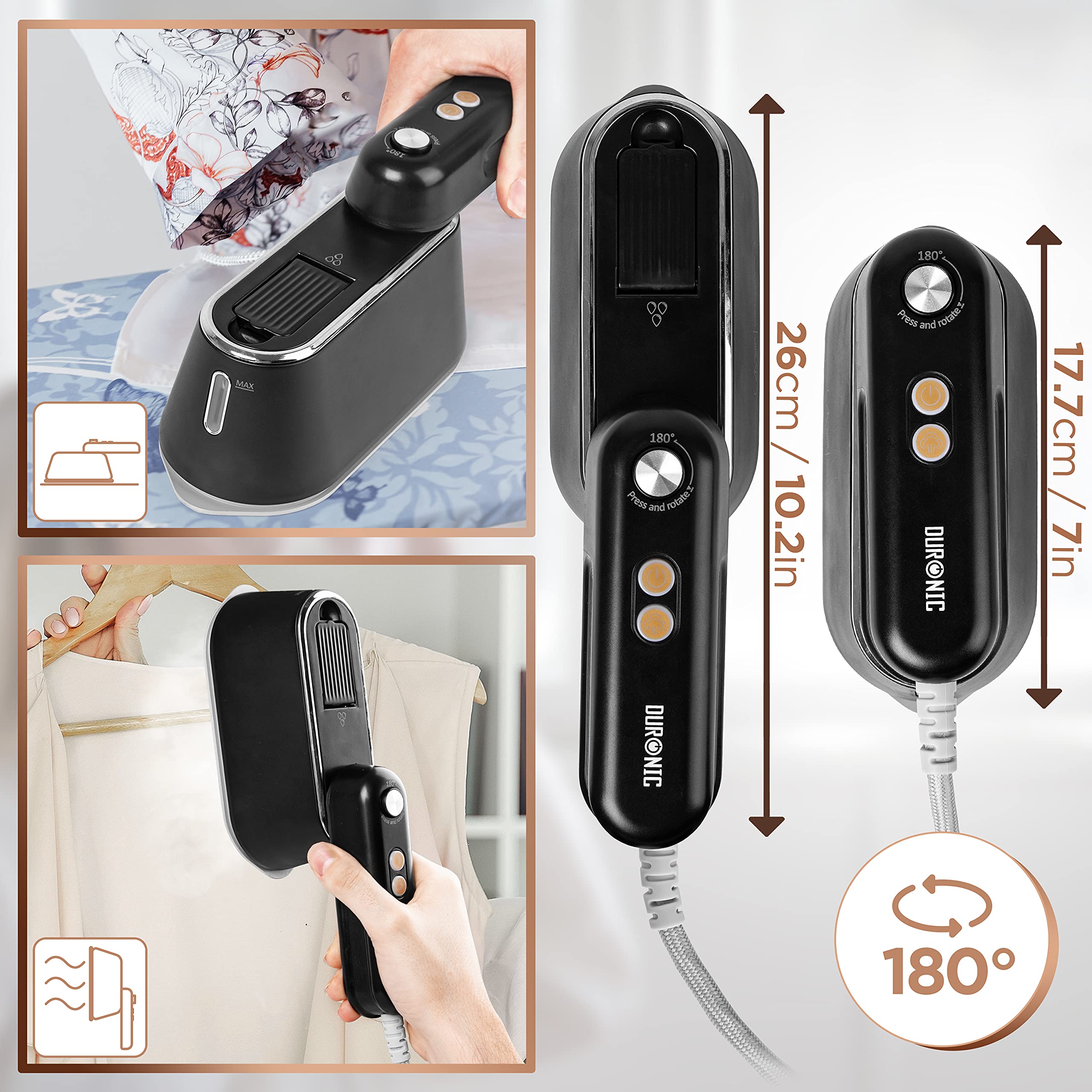 Duronic Steam Irons with 180-degree rotating handle, compact travel design, and dual-function capabilities.