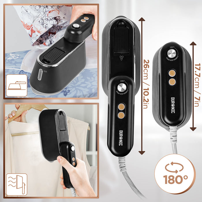 Duronic Steam Irons with 180-degree rotating handle, compact travel design, and dual-function capabilities.