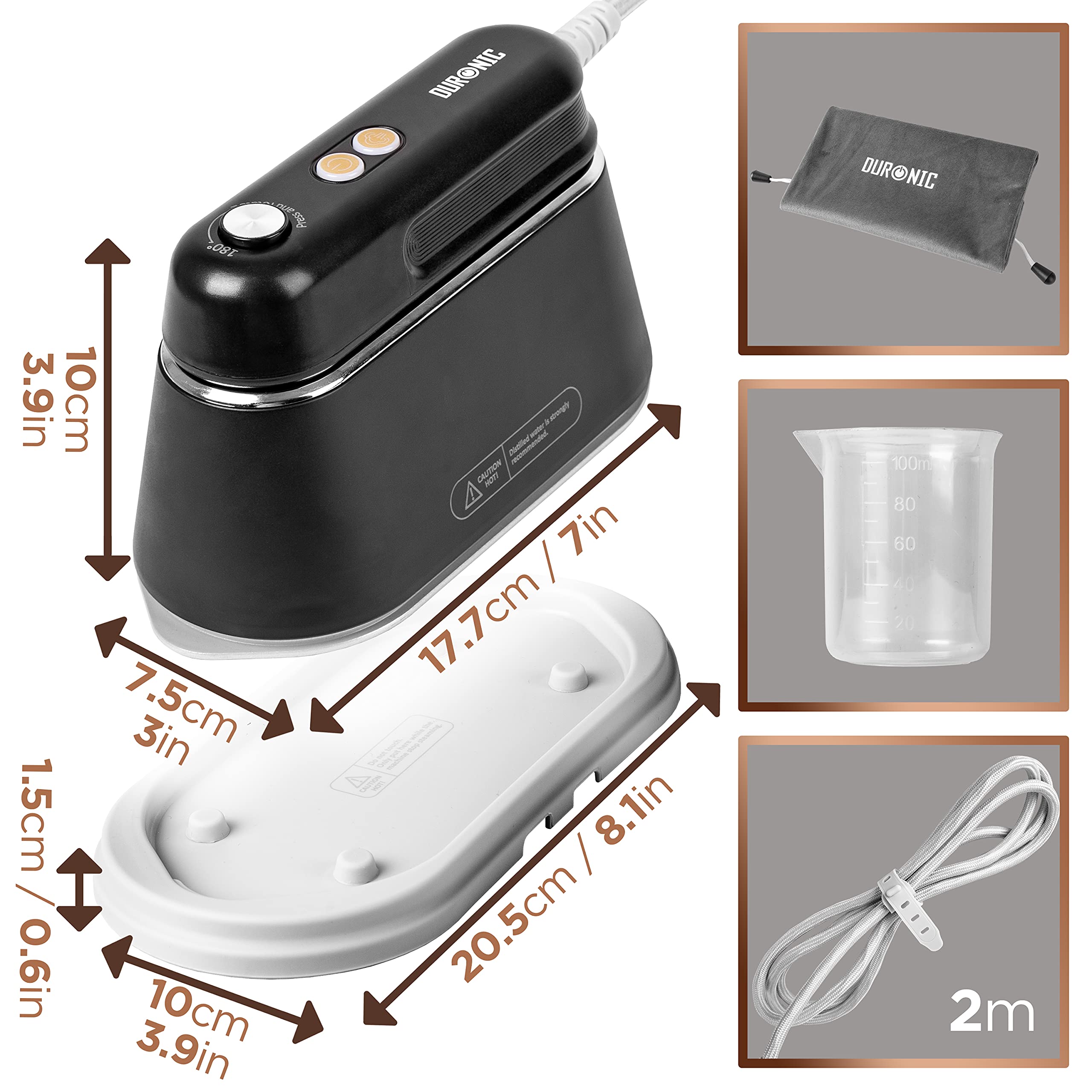 Duronic Steam Irons with dimensions, travel pouch, water measuring cup, and 2-meter power cord.