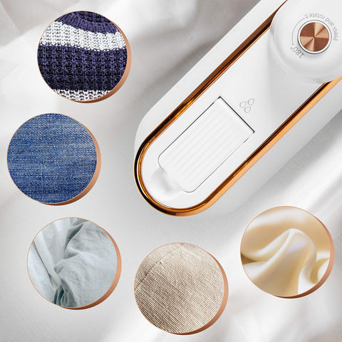 Duronic Steam Irons with fabric samples including wool, denim, cotton, linen, and silk.
