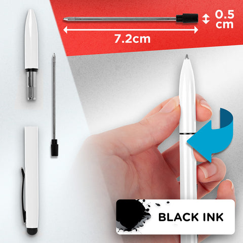 Duronic Stylus Pens showing internal black ink refill measurements of 7.2cm by 0.5cm.