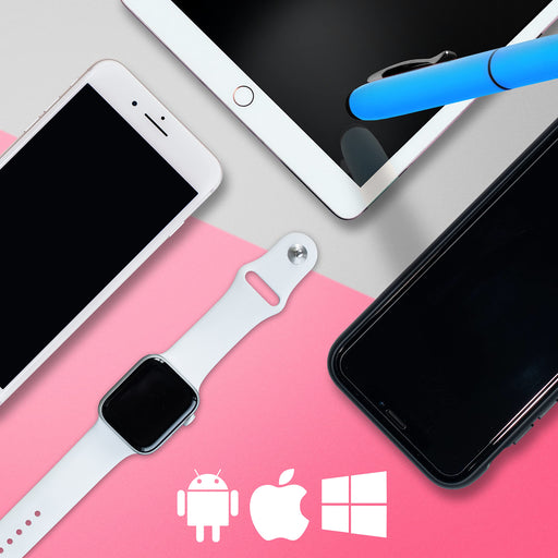 Duronic Stylus Pensincluding an iPad with a stylus, two iPhones, and an Apple Watch, displayed alongside Android, Apple, and Windows logos on a pink and grey background.